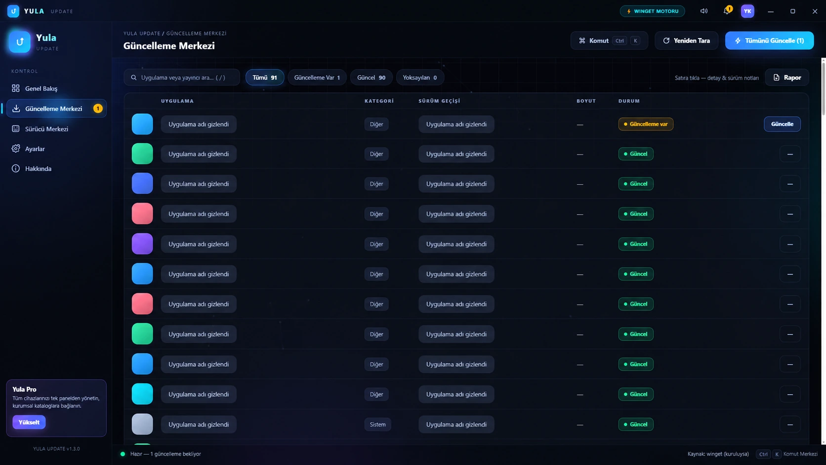 Masked real Yula Update application list screen